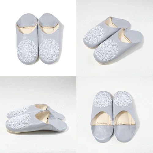 [cocomorocco] Odorless Leather Babouche (White Sequins) Morocco/Indoor Slippers Room Shoes, soft grey