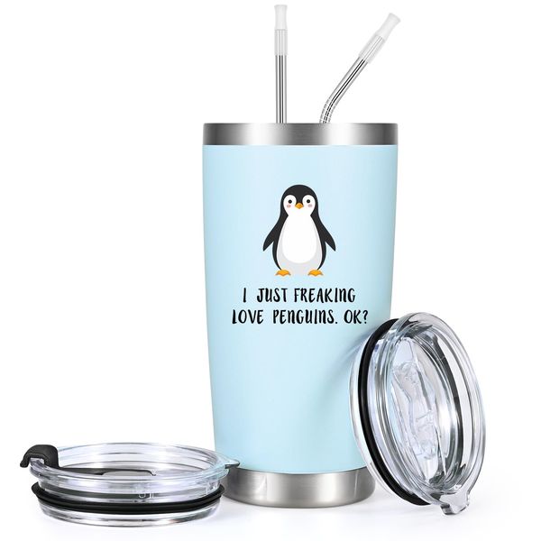 LiqCool Penguin Gifts, Gift Ideas for Penguin Lovers, Christmas Birthday Penguin Gifts for Women Men Friends, I Just Freaking Love Penguins 20 Oz Stainless Steel Tumbler with Lid and Straw(Light Blue)