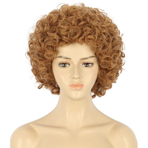 VGbeaty Women Short Curly Light Brown Wig Rocker Disco Afro Fluffy Wig Fancy Dress Halloween Cosplay Party Costume Wig