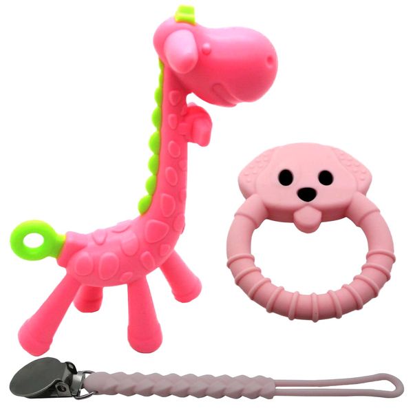 Baby Teething Toy Set - Includes Pink Pacifier Clip, Giraffe Teether & Bear Teether - Silicone Chew Toys for Infants Newborns - BPA Free Freezer Safe