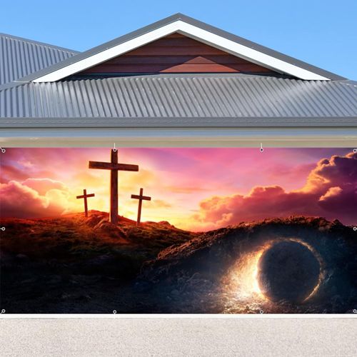 He is Risen Easter Garage Door Banner 7x16ft Happy Easter Backdrop for Church He is Risen Garage Door Cover Large Easter Garage Door Decorations Religious Background for Jesus Easter Party Decor