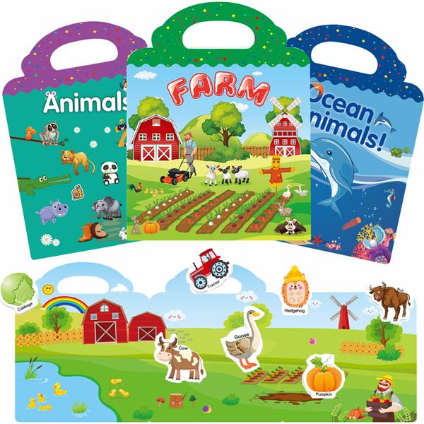 Sticker Books for Kids 2-4, Reusable Sticker Book Farm, Ocean and Animals Theme Activity Books Stickers for Girls Boys Preschool Education Learning Toys 2 3 4-Year-Old Birthday Gift