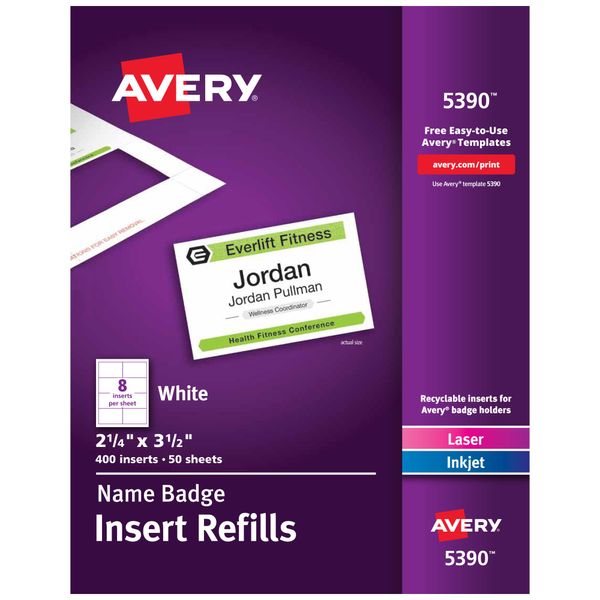 Avery Customizable Name Badge Inserts, 2.25" x 3.5", White, 400 Printable Name Tag Inserts (5390)