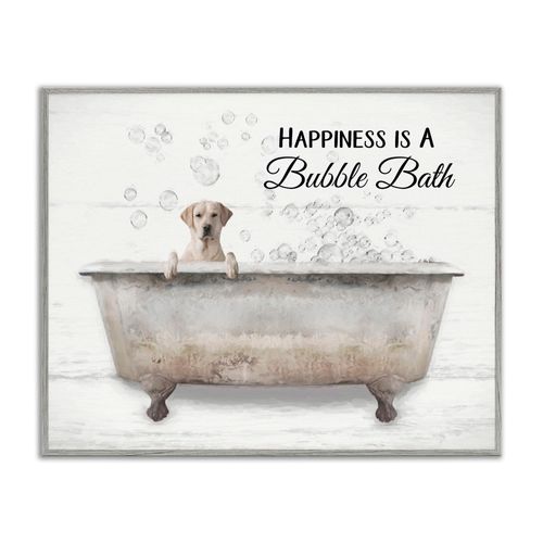 Stupell Industries Happiness Is A Bubble Bath Dog In Tub Word Design, Grey Framed, 11 x 14