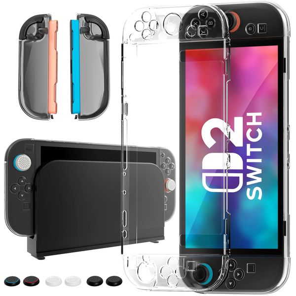 Tixlux Dockable Protective Case for Nintendo Switch 2 (2025), Transparent PC Cover, Joy Controller Shells& 6 Thumb Grips, Shockproof Full Protection – Compatible with Switch Dock