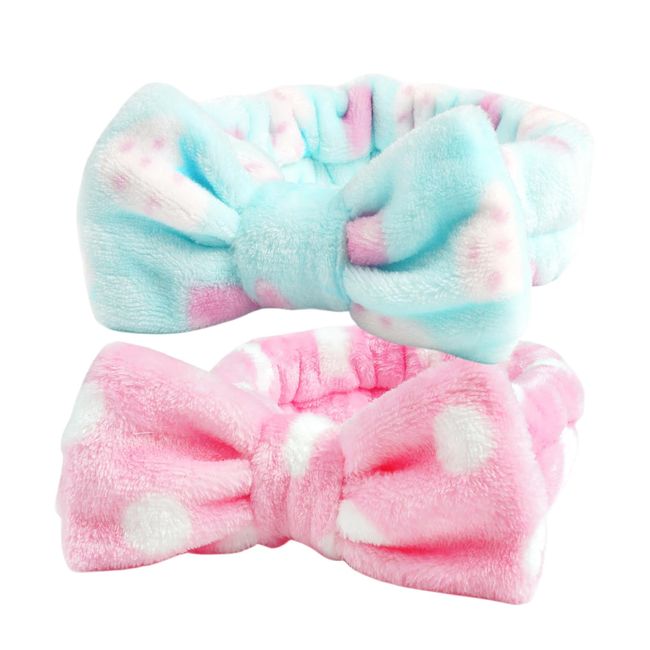 scicent Headbands for Girls Spa Headbands 2 Pack Fluffy Headband for Washing Face Elastic Bowknot Hair Bands Coral Fleece Head Band for Makeup, Shower, Sports - 1310