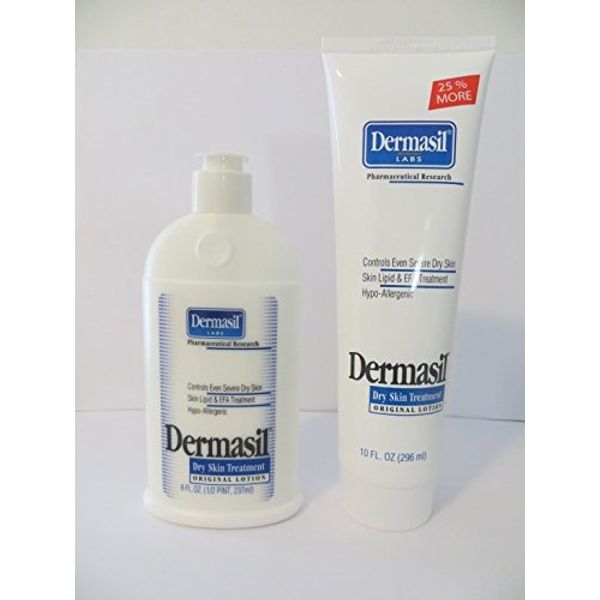 Set of 2 Dermasil Labs 8 Fl Oz. Dry Skin Treament Lotion & 10 Fl Oz Tube Controls Sever Dry Skin Hypo Allergenic for Children & Adults