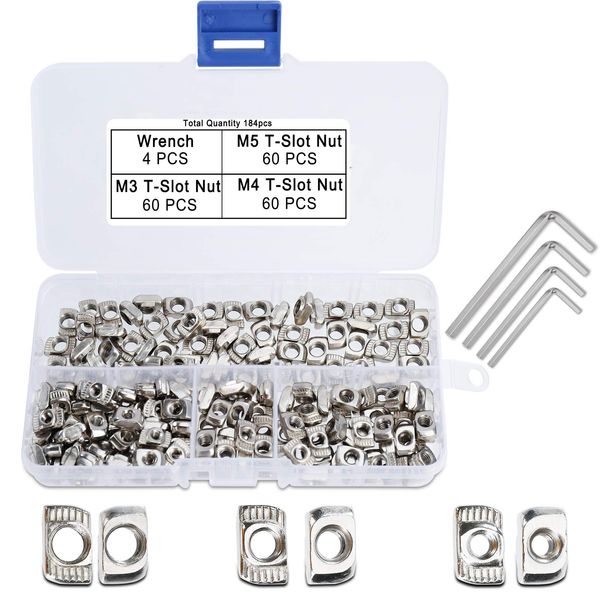 QIMEI-SHOP T Nuts Set M3 M4 M5 T Slot Nut Hammer Head Carbon Steel Nickel-Plated Fastener Assortment Kit for 2020 Series Aluminum Profile 180pcs