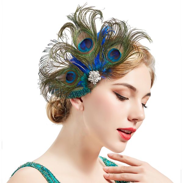 BABEYOND Peacock Feather Hair Clip Peacock Fascinator with Rhinestones Roaring 20s Peacock Flapper Fascinator 1920s Peacock Hair Accessories (Style 2)