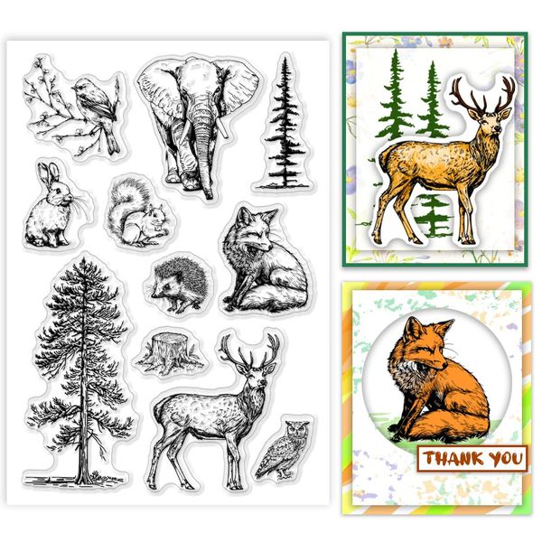 PH PandaHall Waldtiere Clear Stamps Baum-Silikonstempel Gummistempel Siegel Transparent Craft Stamps für Kartenherstellung Dekoration DIY Scrapbooking Fotoalbum