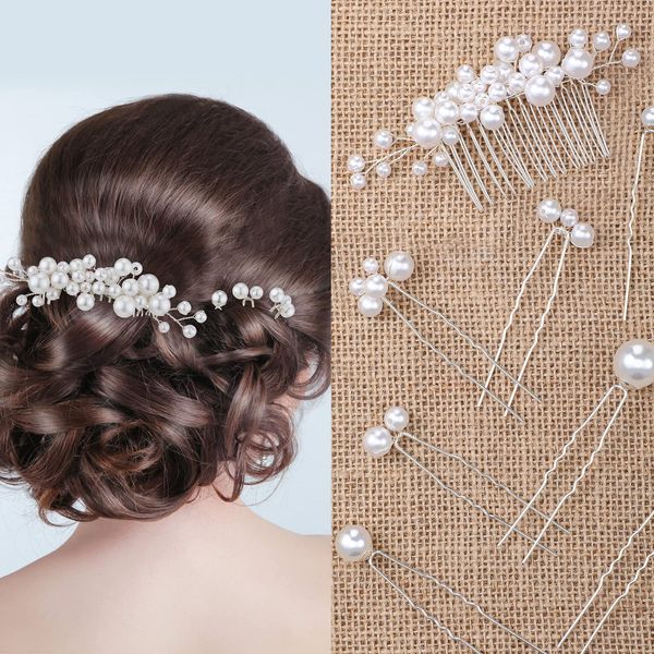 9 Stück Perlen Braut Hochzeit Haarkamm Perlen Haarnadeln Set Silber Braut Seiten Kamm U Form Braut Haarspange Haarklammer Hochsteckfrisuren Hochzeit Haarschmuck für Damen Mädchen