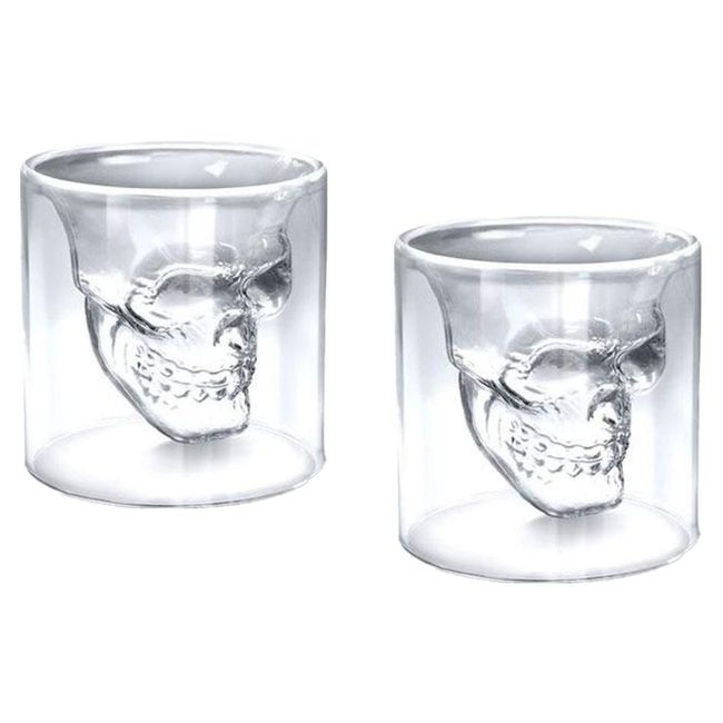 morninpplace Double Wall Glass Skull Shot Glass, Double Layer, Heat Resistant, 8.5 fl oz (250 ml) (Set of 2)