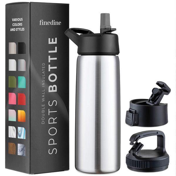 FineDine Triple Walled, Insulated Water Bottles with Straw - 25 Oz Stainless Steel Metal Bottle W/ 3 Leak Proof Lids - For Travel, School, Sports, Gym / Men, Women & Kids - Brushed Stainless Steel