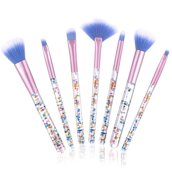 WLLHYF 7 Pack Makeup Brush Set Stylish Glitter Cosmetics Brushes Kit Professional Blending Brush with Crystal Sequins Handle for Eye Shadow Eyeliner Foundation Powder Concealer Blush Lip Women (Blue)