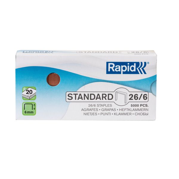 Rapid 26/6mm Standard Staples, For Stapling up to 20 Sheets, Use with Desktop and Electric Staplers, Copper Plated, Box of 5000, 24862100