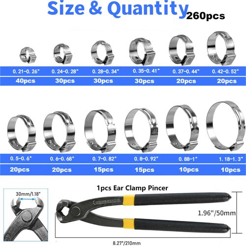 260 PCS 12 Sizes Single Ear Hose Clamps, 5.3-33.1mm 304 Stainless Steel Crimp Hose Clamp Assortment Kit with Ear Clamp Pincer, Cinch Rings Crimp Pinch Tools for Securing Pipe Hoses Automotive Use