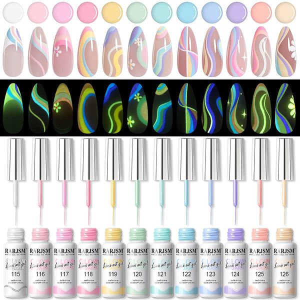 RARJSM Glow in The Dark Gel Liner Nail Art 12 Colors Soft Pastel Neon Blue Purple Pink Green Painting Luminous Gel Nail Polish Set UV LED Curing Requires Thin Brush Stripe Gel for Swirl Nails Design