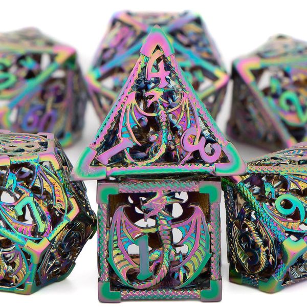 OUKELANWO Metal Hollow DND Dice Set D&D with Box, Polyhedral Dungeons and Dragons Dice, 7 Piece RPG Role Playing Dice, D and D Dice D20 D12 D10 D8 D6 D4