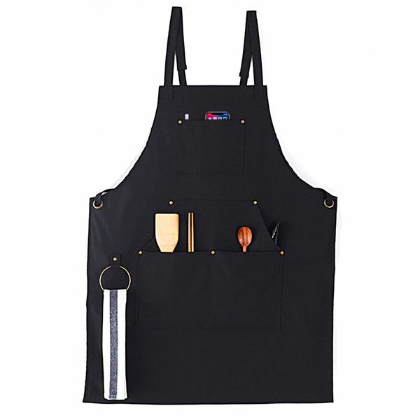 Cooking Aprons for Men Women, BBQ Aprons for Men, with 4 Pockets Adjustable Strap Chef Kitchen Apron, Men Women Waterproof Cotton Apron for Home Kitchen, Cooking, Baking, BBQ, Cafe, Gardening (Black)