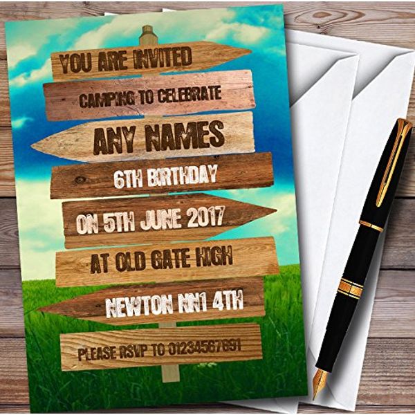 Rustic Wooden Signpost Camping Personalised Childrens Party Invitations