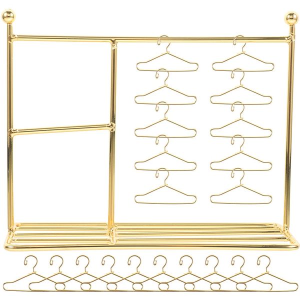 LOGOFUN Doll Dress Rack Doll Garment Rack with Hanger Metal Doll Clothing Rack Miniature Clothes Rack with Coat Hanger for Dollhouse Accessories - Gold