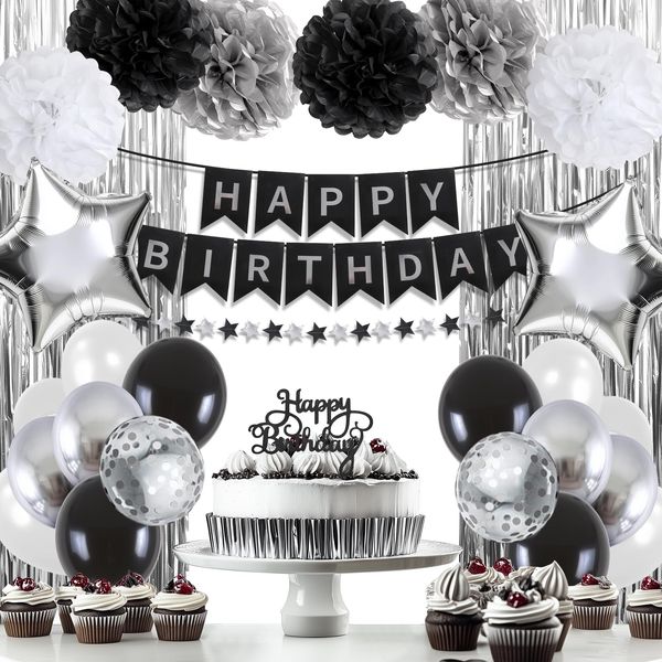 HEDUPT Black Happy Birthday Party Decorations for Men with Happy Birthday Banner, Black and Silver Balloons, Foil Fringe Curtains, Tissue Paper Pompoms, Glitter Star Garland, Cake Topper