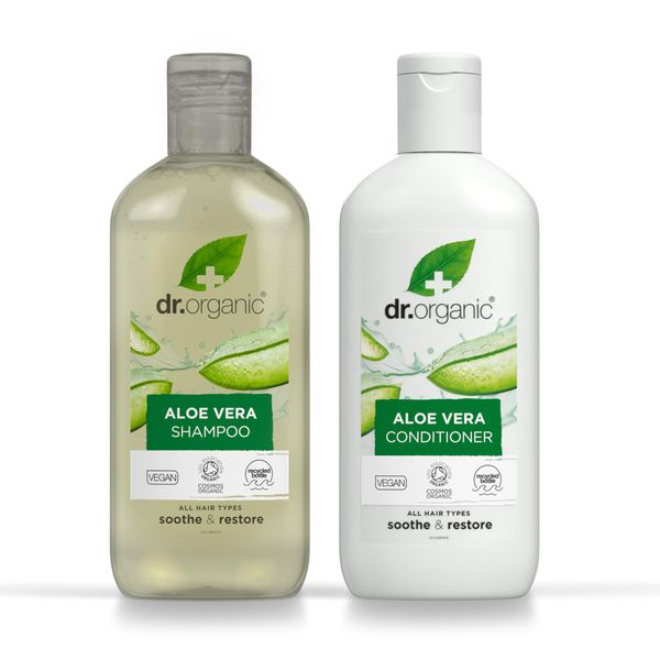 Dr Organic Aloe Vera Shampoo & Conditioner Set with Travel Bag, Soothing, All Hair Types, Natural, Vegan, Cruelty-Free, Paraben & SLS-Free, Recyclable & Recycled Ocean Bound Plastic, Organic, 265ml