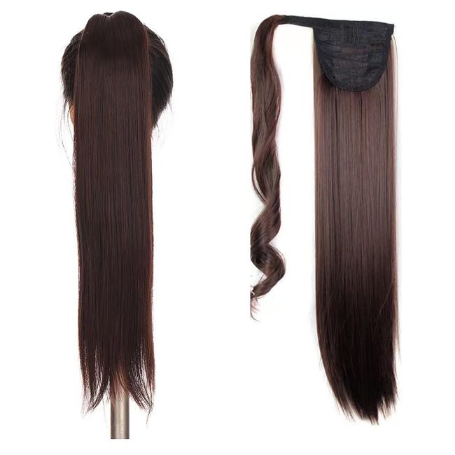 Pferdeschwanz 60 cm lang glatt gewickelt Verlängerung Kunsthaar Haarverlängerung Extensions Lockig Clip in Ponytail Haarteil für Frauen (Rötliches Dunkelbraun 2/33#)