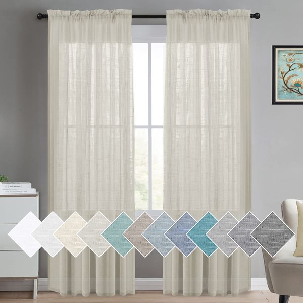 Turquoize Decorative Linen Sheer Curtains Extra Long Curtains for Living Room Curtain Drapes 108 Inches Long Natural Open Weave Linen Curtains Rod Pocket Linen Look Curtain Panels, Set of 2, Natural