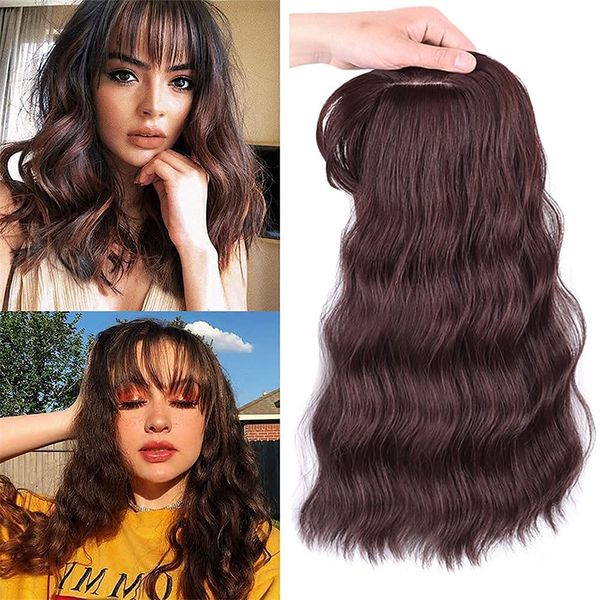 Long Curly Wavy Hair Topper Hairpieces with Bangs for Women Mix Dark Auburn Brown Crown Toppers Hairpieces Clip in Hair Topper for Thinning Hair Synthetic Hair Extension