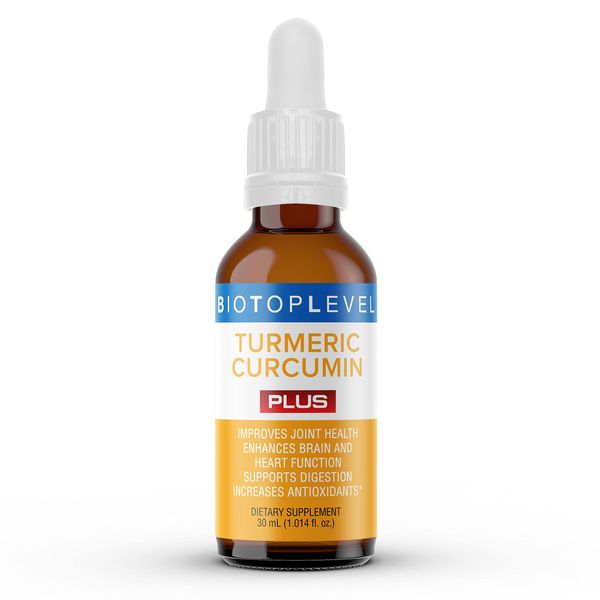 BIOTOPLEVEL Liquid Turmeric Curcumin Plus Natural Organic Black Pepper. Maximum Absorption. Supports Normal Response to Inflammation. Improves Brain Function. Enhances Immunity. Improves Digestion.