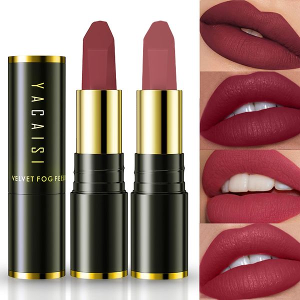 Incisite YACAISI 2 Pcs Matte Lipstick,Velvet Matte Lip Sticks,Red Velvet Lipstick,Smudge Proof Long Lasting Lipstick,Waterproof Non-Stick Cup Lip Stain for Women Girls(Dark Red+Bean Paste Red)