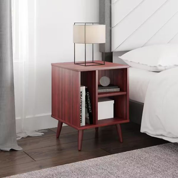 Warwick Mid-Century Modern Nightstand with Open Storage Shelving, Cherry - Bedsi