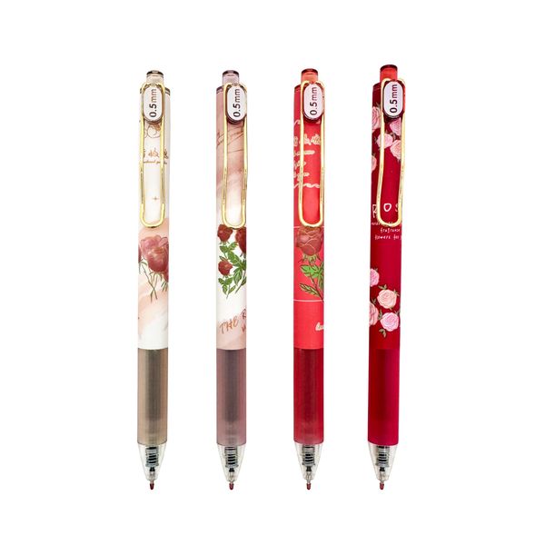 HeTaoCat Black Ink Gel Pens, 0.5mm Fine Point, 4PC Creative Retractable Red Rose Pens, ST Fast Drying Ink Pen (Multicolor)