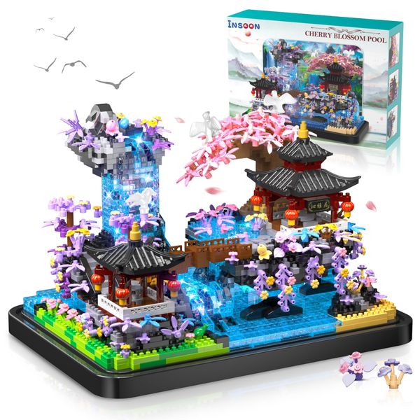 INSOON Cherry Blossom Pond Building Set with LED Light, 2.5mm Micro Building Block Japanese Architecture 1990PCS, Japan Bonsai Home Office Decor, Flower Tree House Brick Toy Gift for Adults Kids 12+