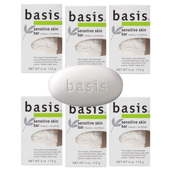 Basis Sensitive Skin Bar Soap - Cleans and Soothes with Chamomile and Aloe Vera, Use as Body Wash or Hand Soap - Pack of 6