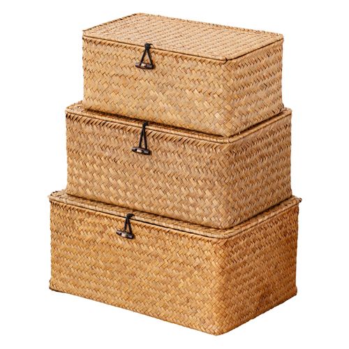 NONAM Handwoven Natural Seagrass Bin with Lid, Shelf Baskets Multipurpose Container for Decoration, Rectangular Household Storage Boxes for Home Organization（Set of 3）
