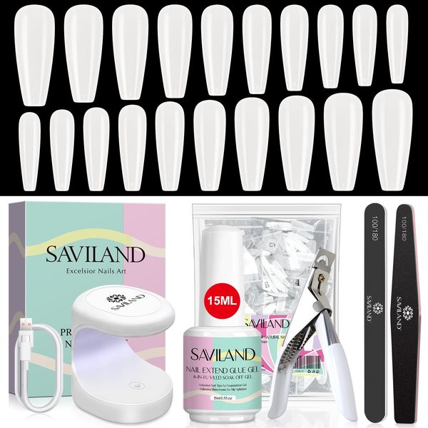 Saviland Nail Glue Gel Kit - 4-in-1 Nail Glue Gel with 500pcs Clear Fake Nails Full Cover Almond Nail Tips, U V/ LED Nail Lamp for Acrylic Nails Extension