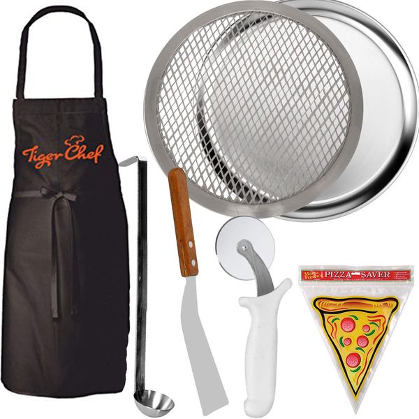 Tiger Chef 12" Pizza Making Kit. Pizza Pro Set Includes Kitchen Tools To Create Your Own Homemade Pizza. 12" Pizza Pan, 12" Pizza Screen, Pizza Wheel, Server, Ladle, Apron & 12 Pizza Saver Bags