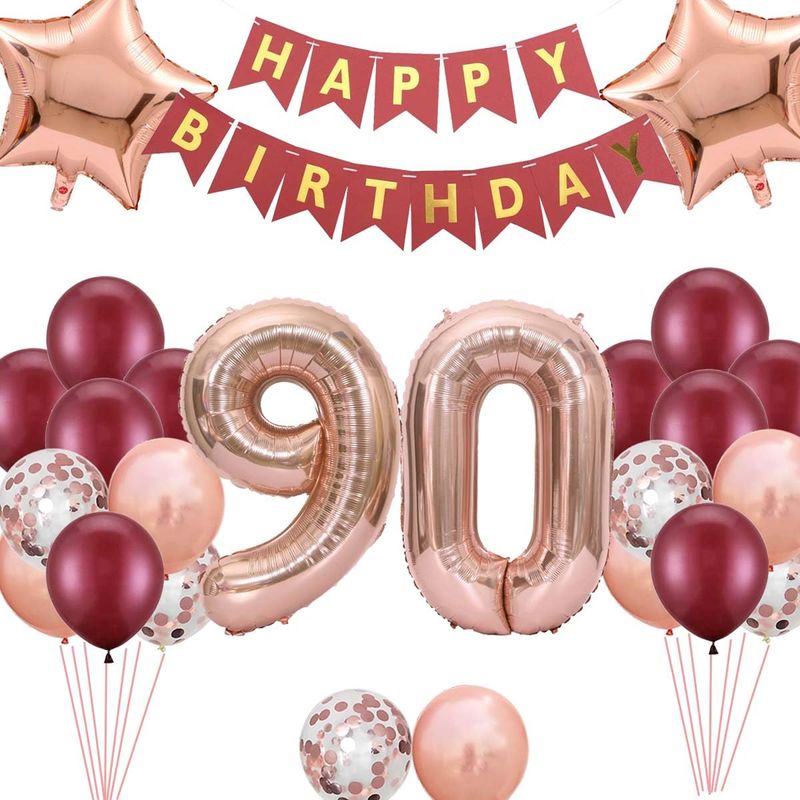 Burgundy Rose Gold 90th Birthday Decorations Set, Happy 90th Birthday ...
