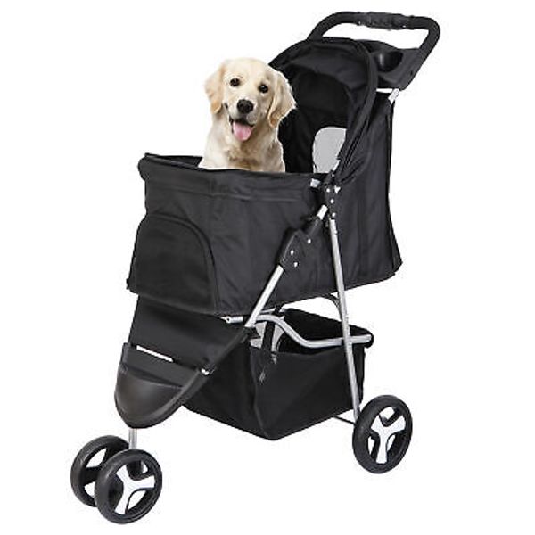 3-Wheel Pet Stroller Foldable Dog Stroller Cart Jogging Stroller w/Cup Holder