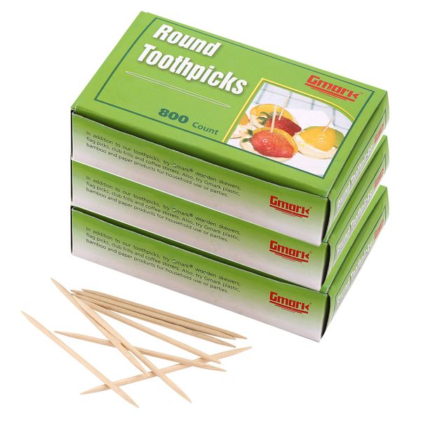 Gmark Round Hotel Toothpicks 800 ct - 3 Boxes Pack Total 2400 ct - 2.5" Natural Wooden Toothpicks GM1021