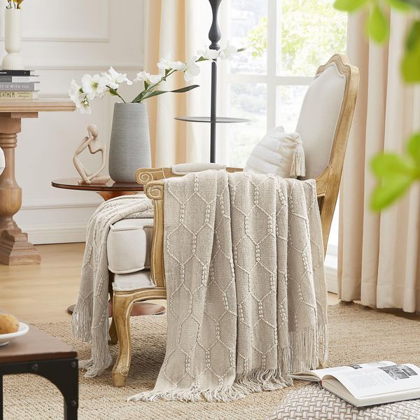 KASYLAN Diamond Knitted Throw Blanket Textured Solid Soft Sofa Throw Couch Knitted Decorative Blanket, 127x152cm Beige