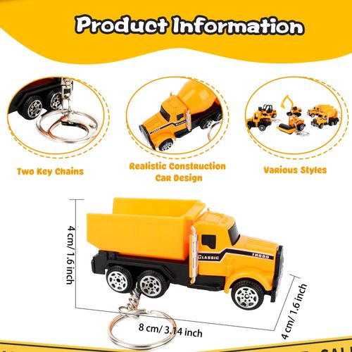 6 Pack Construction Party Favors Keychain Truck Excavator Bulldozer Key Chains for Kids Birthday Construction Party Favors Goddie Bag Fillers Decorations, 6 Styles