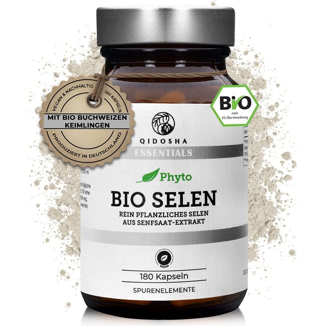 QIDOSHA® Bio Selen hochdosiert, 180 Kapseln, 55 mcg (100% NRV) pflanzliches Selen je Kapsel aus Bio Senfsaat Extrakt, Selenmethionin, ergänzt um Bio-Buchweizenkeimlinge, Selen vegan bio, laborgeprueft