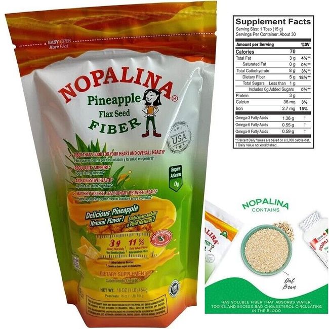 NOPALINA Flax Seed plus Fiber Dietary Supplement Colon Detox Pineapple Flavo 1Lb