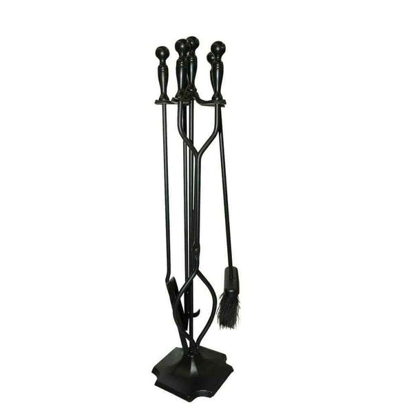 5-Piece Heavy-Duty Cast Iron Fireplace Tool Set in Black w/Ergonomically Designe