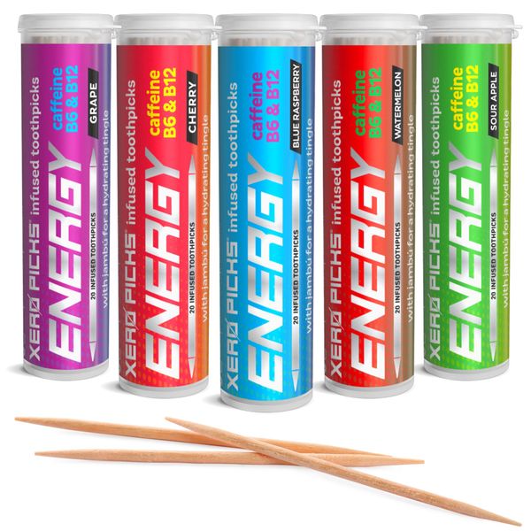 Xero Picks Energy Infused Flavored Toothpicks with Caffeine, B12 and B6 (Variety Pack, 20 Count (Pack of 5))