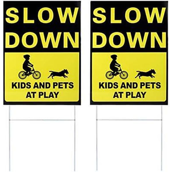 2 Pack Double Sided Slow Down Kids And Pets At Play Yard Signs With Metal Stakes