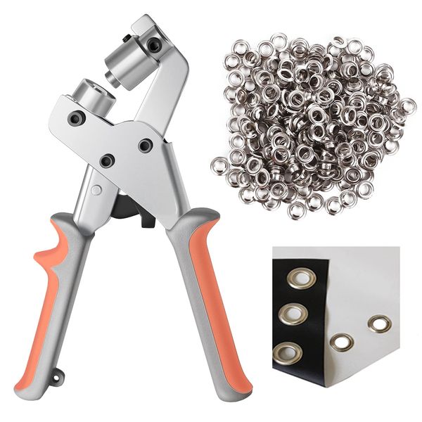 KING PIECES LACUISINE Grommet Tool Kit Handheld Hole Punch Pliers Portable Grommet Hand Press Machine Manual Puncher w/ 500pcs Silver Grommets of 3/8 Inch (10mm)